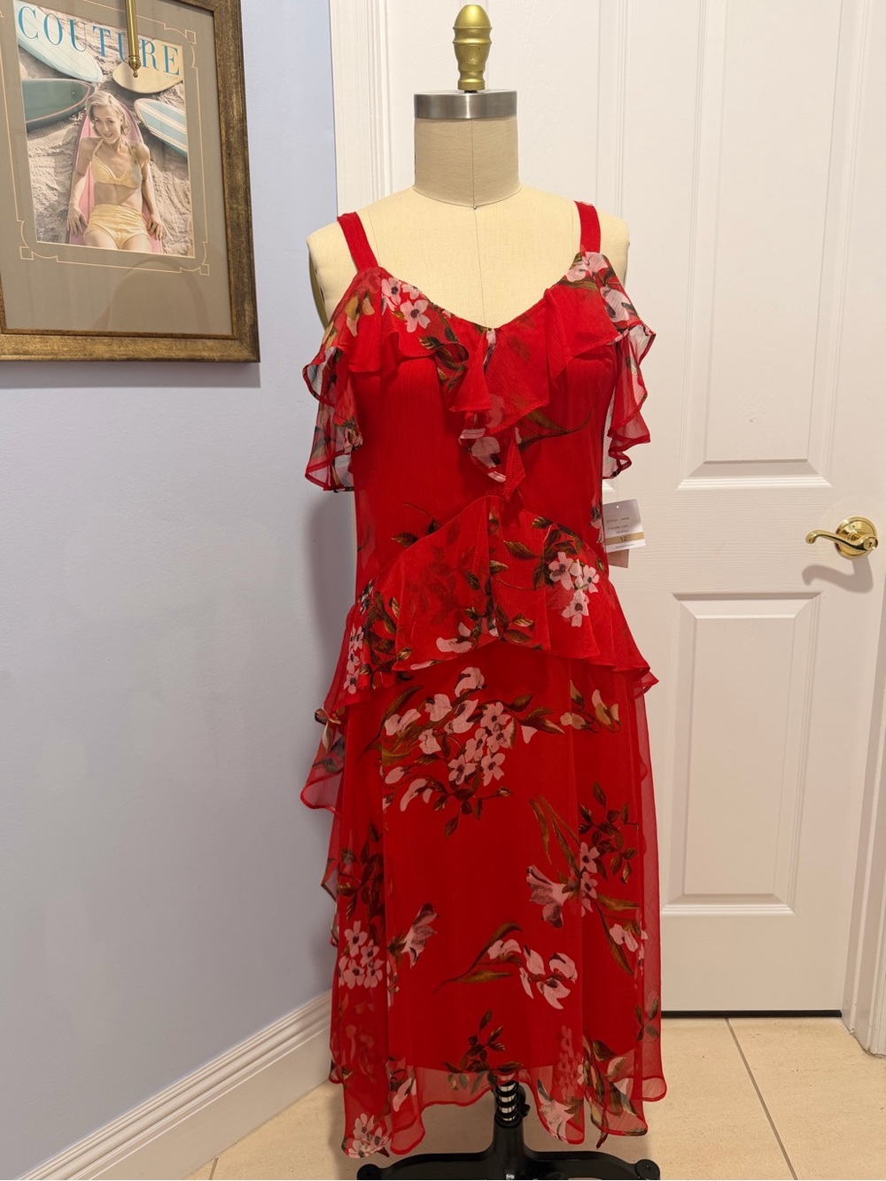 Taylor Red Floral Ruffle Midi Dress